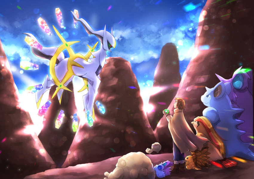 1boy arceus blue_pants blue_sky boots brown_cape brown_footwear brown_gloves brown_hair cape damos_(pokemon) day full_body gen_1_pokemon geodude gloves graveler highres holding lens_flare nidoqueen nidoran outdoors pants pidgeot pokemon_m12 sandshrew sandslash shiny shiny_hair sky standing yuki56