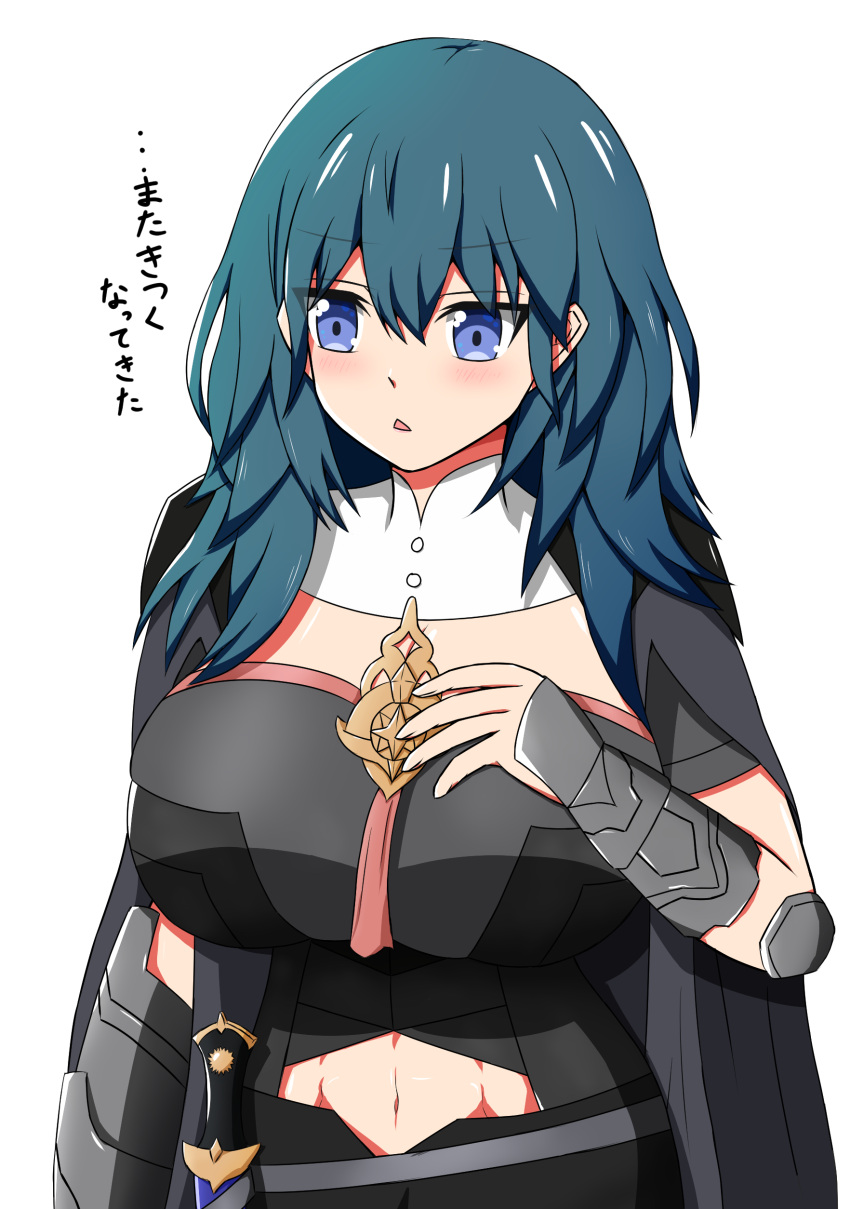 1girl absurdres blue_eyes blue_hair breasts byleth_(fire_emblem) byleth_eisner_(female) byleth_eisner_(female) dagger female_my_unit_(fire_emblem:_three_houses) fire_emblem fire_emblem:_three_houses fire_emblem:_three_houses hand_on_own_chest highres huge_breasts intelligent_systems koei_tecmo moe my_unit_(fire_emblem:_three_houses) navel_cutout nicoseiga2102092 nintendo open_mouth simple_background solo super_smash_bros. tagme translated weapon