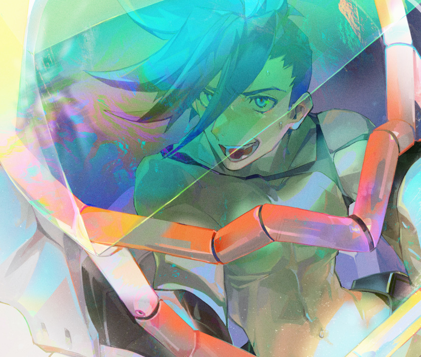 1boy :d blue_hair close-up galo_thymos kibadori_rue male_focus matoi_tech mecha open_mouth promare shirtless smile solo spiky_hair visor