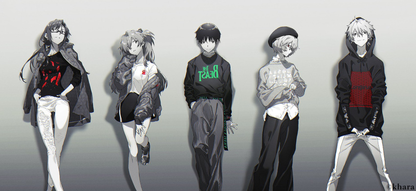 2boys 3girls ayanami_rei bangs belt beret black_hair breasts casual closed_mouth collarbone expressionless eyebrows_visible_through_hair glasses hair_ornament hair_tie hand_in_pocket hand_on_own_thigh hand_up hands_on_hips hat highres hood hood_up hoodie ikari_shinji jacket light_smile lineup long_hair looking_at_viewer makinami_mari_illustrious medium_breasts monochrome multiple_boys multiple_girls nagisa_kaworu neon_genesis_evangelion own_hands_together pants parted_lips profile rebuild_of_evangelion red_eyes red_nails shadow shirt shoes short_hair shorts smile souryuu_asuka_langley spot_color standing sweater yoneyama_mai