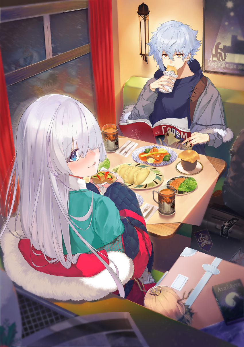 1girl 2boys :q absurdres anastasia_(fate/grand_order) avicebron_(fate) bangs blue_eyes blue_jacket blue_shirt blurry blurry_foreground brown_eyes closed_mouth commentary_request crown cup curtains depth_of_field eyebrows_visible_through_hair fate/grand_order fate_(series) food fork fur-trimmed_jacket fur_trim green_shirt grey_jacket hair_over_one_eye hamada_pochiwo highres holding holding_food huge_filesize ivan_the_terrible_(fate/grand_order) jacket kadoc_zemlupus knife light_brown_hair long_hair long_sleeves looking_at_viewer looking_back mini_crown mug multiple_boys off_shoulder open_clothes open_jacket plate puffy_long_sleeves puffy_sleeves russian_text seat shirt silver_hair sitting sleeves_past_wrists smile snowing table tongue tongue_out translation_request window