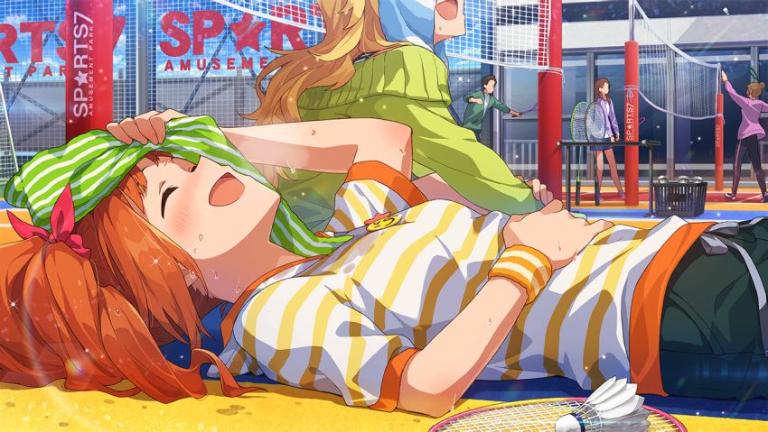 closed_eyes idolmaster_million_live!_theater_days long_hair orange_hair shirt smile takatsuki_yayoi