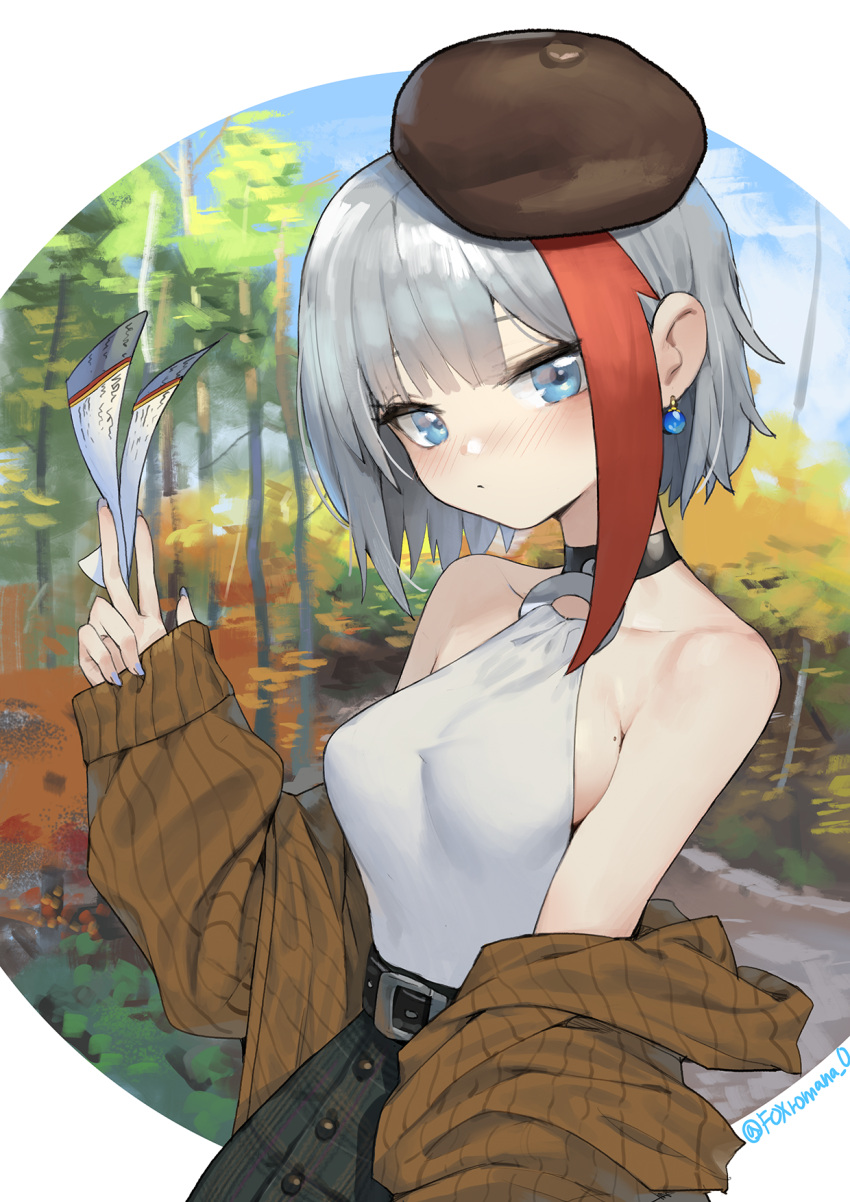 1girl admiral_graf_spee_(azur_lane) azur_lane bare_shoulders belt black_skirt blue_eyes breasts brown_headwear brown_jacket closed_mouth collarbone earrings halterneck hand_up highres holding jacket jewelry long_sleeves looking_at_viewer medium_breasts mole mole_on_breast multicolored_hair off_shoulder redhead romana short_hair silver_hair skirt solo twitter_username two-tone_hair