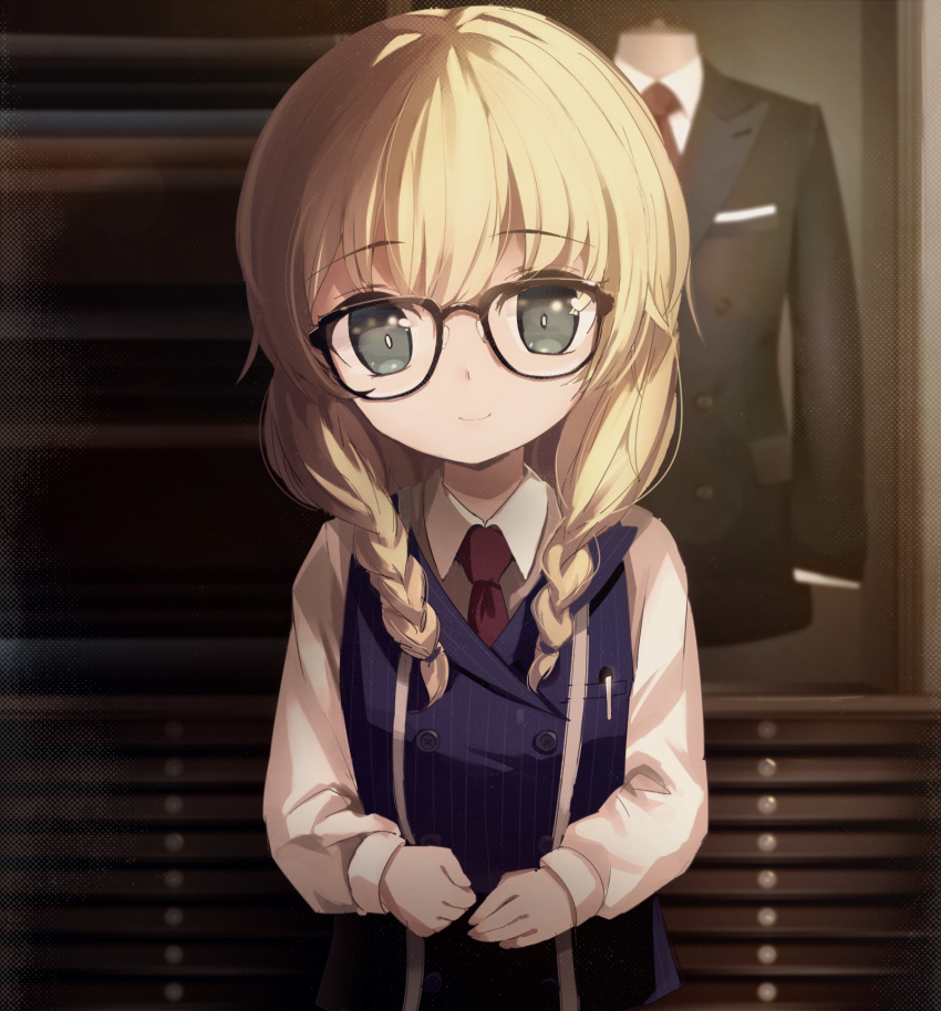 1girl black-framed_eyewear black_jacket blonde_hair blue_vest blurry blurry_background braid breasts closed_mouth collared_shirt commentary_request depth_of_field formal glasses grey_eyes hair_over_shoulder highres jacket long_hair long_sleeves looking_at_viewer necktie original red_neckwear shirt small_breasts smile solo striped suit taharu_kousuke twin_braids vertical-striped_vest vertical_stripes vest white_shirt