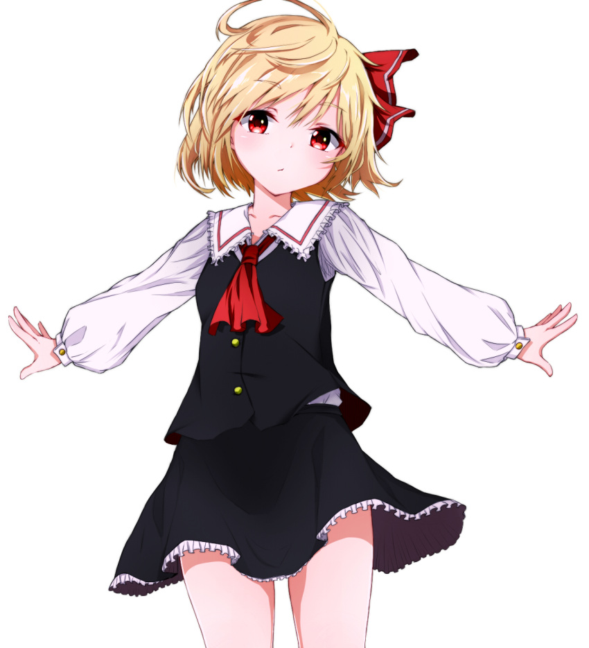 1girl ascot bangs black_skirt black_vest blonde_hair blush breasts collarbone commentary cowboy_shot eyebrows_visible_through_hair frilled_shirt_collar frills hair_ribbon head_tilt highres long_sleeves looking_at_viewer miniskirt nankotsu outstretched_arms petticoat puffy_sleeves red_eyes red_neckwear red_ribbon ribbon rumia shirt short_hair simple_background skirt skirt_set small_breasts solo standing thighs touhou vest white_background white_shirt