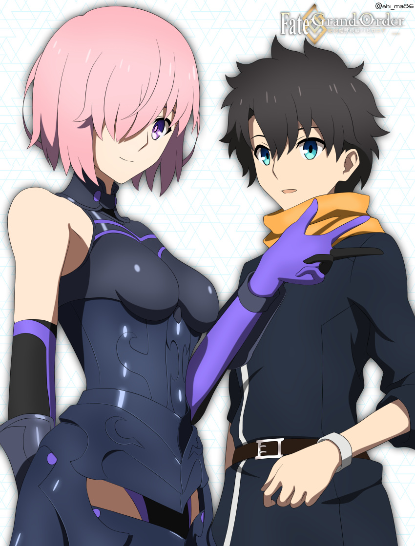 1boy 1girl :d absurdres armored_leotard belt belt_buckle black_belt black_hair black_leotard blue_eyes breasts breasts_apart buckle closed_mouth copyright_name elbow_gloves fate/grand_order fate_(series) fujimaru_ritsuka_(male) gloves highres leotard looking_at_viewer mash_kyrielight open_mouth pink_hair purple_gloves shiny shiny_hair short_hair small_breasts smile standing twitter_username user_smgj5887 violet_eyes wristband