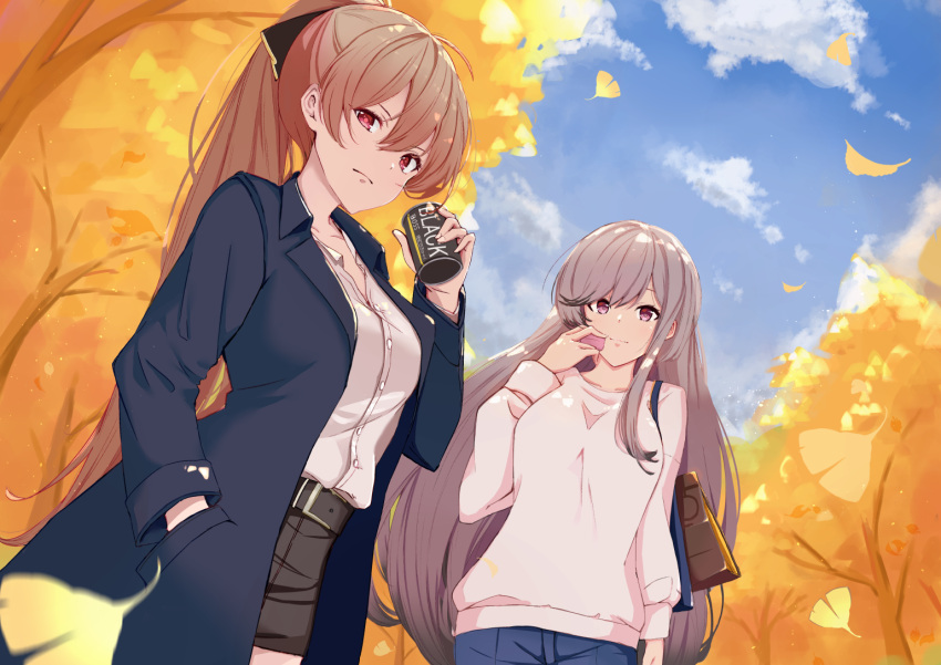 2girls autumn_leaves azur_lane bag belt black_belt black_jacket black_ribbon black_shorts blue_pants blue_sky brown_hair can clouds commentary_request day dunkerque_(azur_lane) grey_hair hair_between_eyes hair_ribbon hand_in_pocket handbag holding holding_can jacket jean_bart_(azur_lane) long_hair multiple_girls open_clothes open_jacket pants ponytail red_eyes ribbon shirt shorts sky sweater tree very_long_hair violet_eyes white_shirt white_sweater yakitori_daisuki