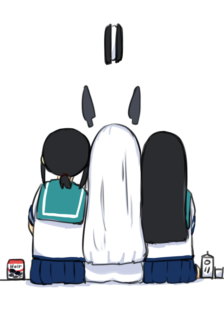 3girls absurdres black_hair blouse blue_skirt cookie cup drinking_glass food from_behind fubuki_(kantai_collection) girl_sandwich hatsuyuki_(kantai_collection) headgear highres kantai_collection long_hair low_ponytail ma_rukan milk milk_carton multiple_girls murakumo_(kantai_collection) oreo pleated_skirt sailor_collar sandwich_cookie sandwiched school_uniform serafuku short_ponytail short_sleeves sitting skirt white_hair