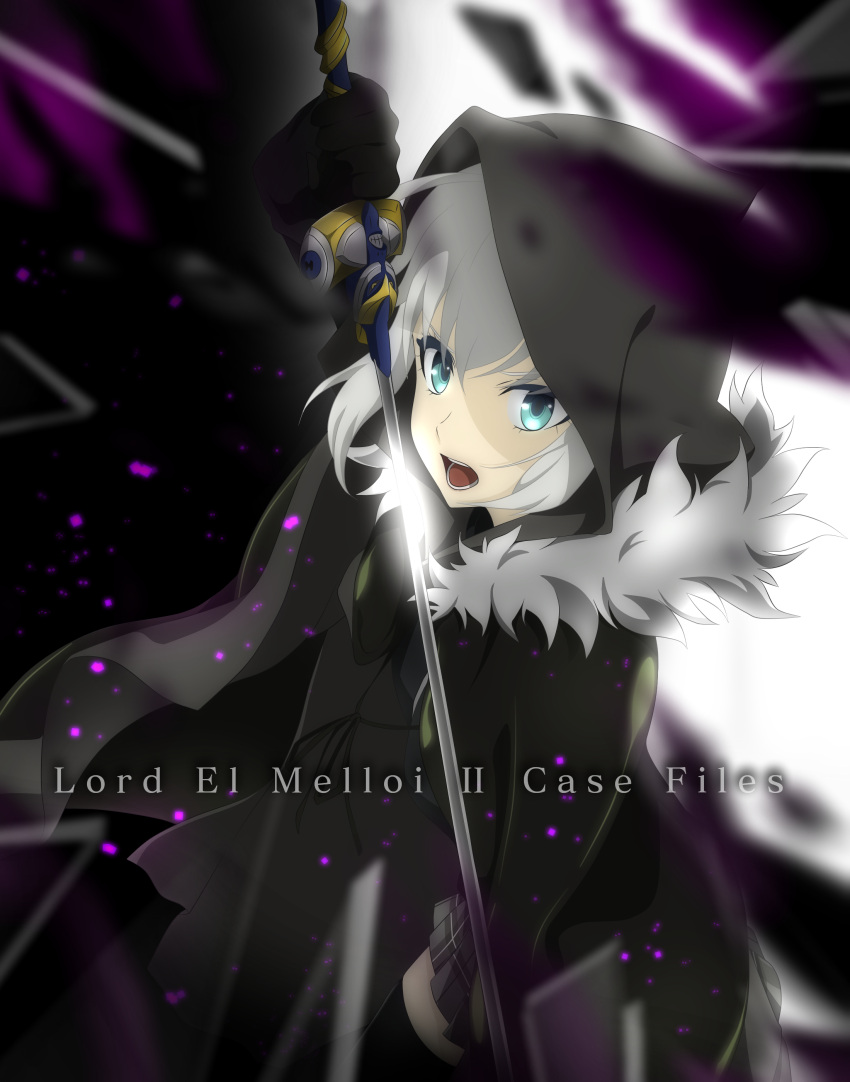 1girl absurdres bangs black_cape black_gloves black_legwear blue_eyes cape copyright_name fate_(series) gloves gray_(lord_el-melloi_ii) grey_skirt hair_between_eyes highres holding holding_sword holding_weapon hood hood_up hooded looking_at_viewer lord_el-melloi_ii_case_files miniskirt open_mouth plaid plaid_skirt pleated_skirt short_hair silver_hair skirt solo standing sword thigh-highs user_smgj5887 weapon zettai_ryouiki