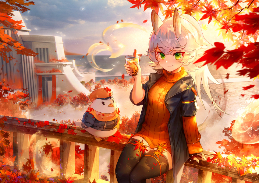 1girl absurdres animal animal_ears arm_support autumn_leaves azur_lane bangs bird black_jacket black_legwear blue_sky blurry blurry_foreground blush breasts bubble_tea building cabbie_hat closed_mouth clothed_animal clouds commentary_request cup day depth_of_field disposable_cup drawstring drinking_straw eyebrows_visible_through_hair green_eyes hat highres holding holding_cup huge_filesize jacket janyhero kitakaze_(azur_lane) leaf long_hair long_sleeves looking_at_viewer maple_leaf on_railing open_clothes open_jacket orange_headwear orange_sweater outdoors railing ribbed_sweater short_over_long_sleeves short_sleeves silver_hair sitting sitting_on_railing sky small_breasts smile solo sweater thigh-highs turtleneck turtleneck_sweater