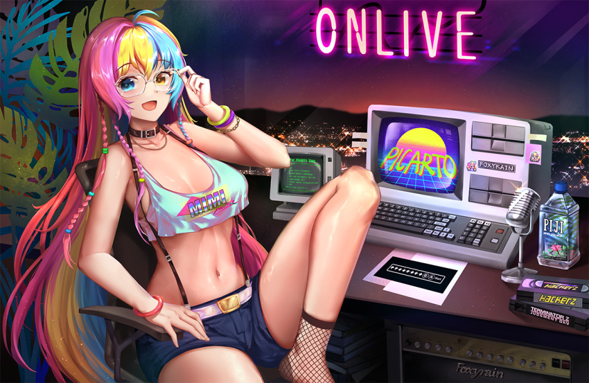 1girl adjusting_eyewear amplifier bangs bare_shoulders blue_eyes blush bracelet braiding_hair breasts chain_necklace chair choker cityscape computer desk eyebrows_visible_through_hair eyelashes fiji_water fishnet_legwear fishnet_pantyhose fishnets floppy_disk foxy_rain glasses gradient_hair hairdressing heterochromia jewelry keyboard_(computer) konami_code large_breasts long_hair looking_at_viewer mascot microphone microphone_stand midriff monitor multicolored_hair navel necklace night night_sky note office_chair oldschool on_chair open_mouth pantyhose parody picarto.tv plant potted_plant shiny shiny_hair shiny_skin short_shorts shorts sitting sky smile solo star steam sticker suspenders tank_top terminator_2:_judgment_day very_long_hair videocasette yellow_eyes