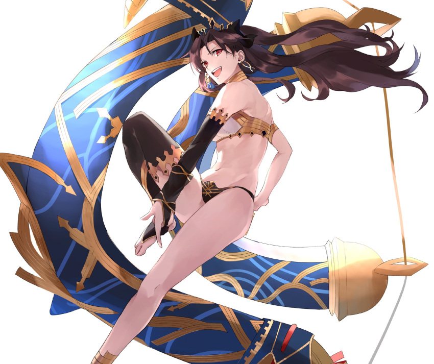 1girl anklet armlet asymmetrical_legwear asymmetrical_sleeves bikini bow breasts bridal_gauntlets brown_hair collar crown earrings elbow_gloves fate/grand_order fate/stay_night fate_(series) feet gloves heavenly_boat_maanna highres hoop_earrings hoshi_rasuku ishtar_(fate/grand_order) jewelry long_hair medium_breasts muscle navel neck_ring open_mouth red_eyes single_elbow_glove single_thighhigh solo thigh-highs toeless_legwear tohsaka_rin toosaka_rin type-moon ufotable weapon