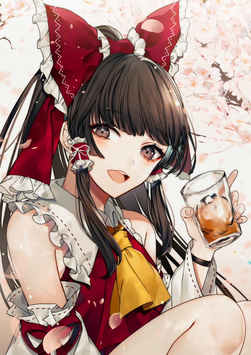 1girl :d absurdres bangs bare_shoulders black_hair blush bow brown_eyes cherry_blossoms commentary_request cup daimaou_ruaeru detached_sleeves drinking_glass eyebrows_visible_through_hair frilled_bow frills grey_background hair_bow hair_tubes hakurei_reimu hand_up head_tilt highres holding holding_cup long_hair long_sleeves looking_at_viewer open_mouth petals red_bow sidelocks sitting smile solo touhou upper_body wide_sleeves wristband