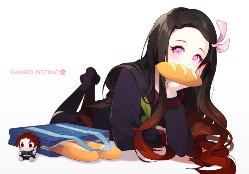 1girl bag black_hair black_legwear black_sailor_collar black_serafuku black_shirt black_skirt bow bread character_name chepill fingernails food gradient_hair green_neckwear hair_bow kamado_nezuko kamado_tanjirou kimetsu_no_yaiba kneehighs long_hair long_sleeves looking_at_viewer lying mouth_hold multicolored_hair nail_polish neckerchief on_stomach pink_bow pink_eyes red_nails redhead sailor_collar school_bag school_uniform serafuku sharp_fingernails shirt skirt solo the_pose unzipped very_long_hair