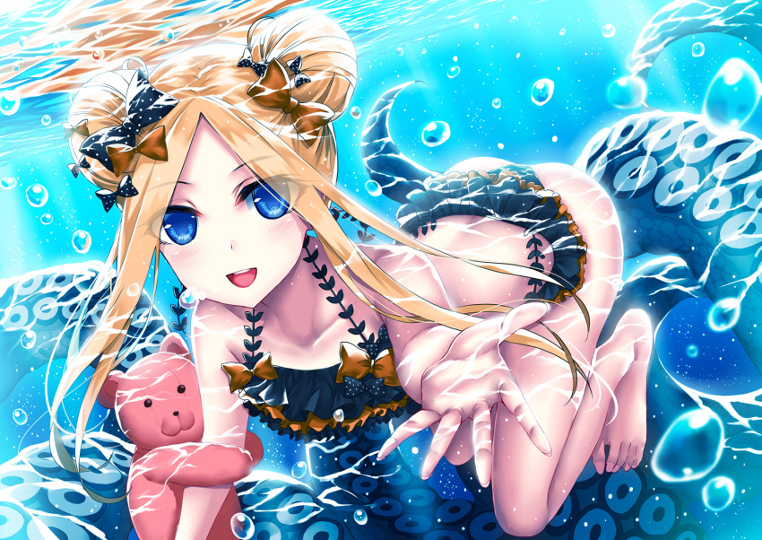 1girl :d abigail_williams_(fate/grand_order) ass bangs barefoot bikini black_bikini black_bow blonde_hair blue_eyes bow bubble collarbone double_bun eyebrows_visible_through_hair eyes_visible_through_hair fate/grand_order fate_(series) flat_chest floating_hair frilled_bikini frills hair_between_eyes hair_bow long_hair looking_at_viewer morizono_shiki multiple_hair_bows open_mouth orange_bow outstretched_hand parted_bangs polka_dot polka_dot_bow shiny shiny_hair smile solo stuffed_animal stuffed_toy swimsuit teddy_bear tentacles underwater