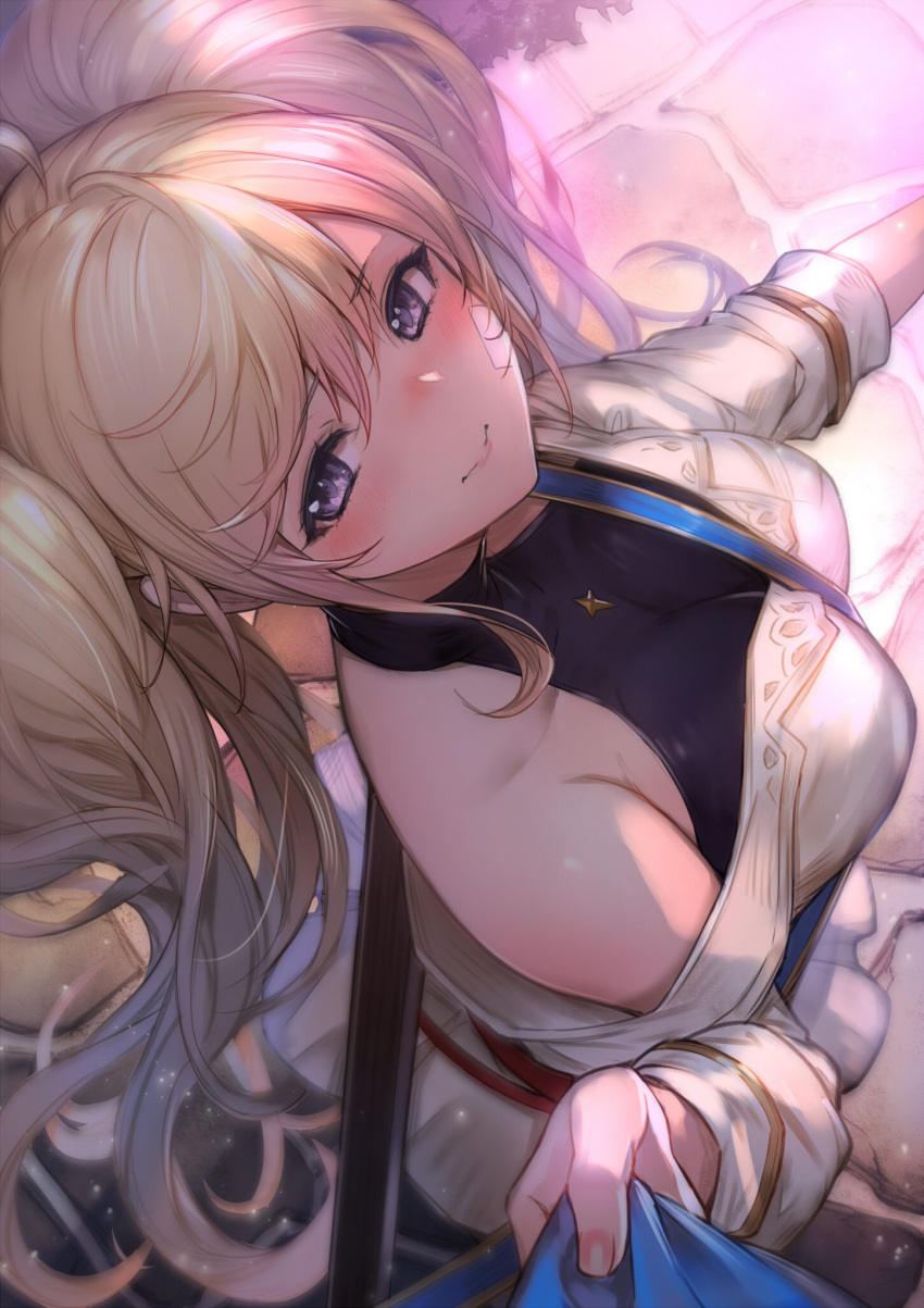 1girl bandaid_on_cheek bangs bare_shoulders belt blonde_hair blush breasts closed_mouth granblue_fantasy grey_eyes hair_between_eyes halterneck highres kakage large_breasts long_hair long_sleeves looking_at_viewer monica_weisswind off-shoulder_shirt off_shoulder sheath shirt shirt_pull smile solo_focus swept_bangs sword twintails weapon white_shirt