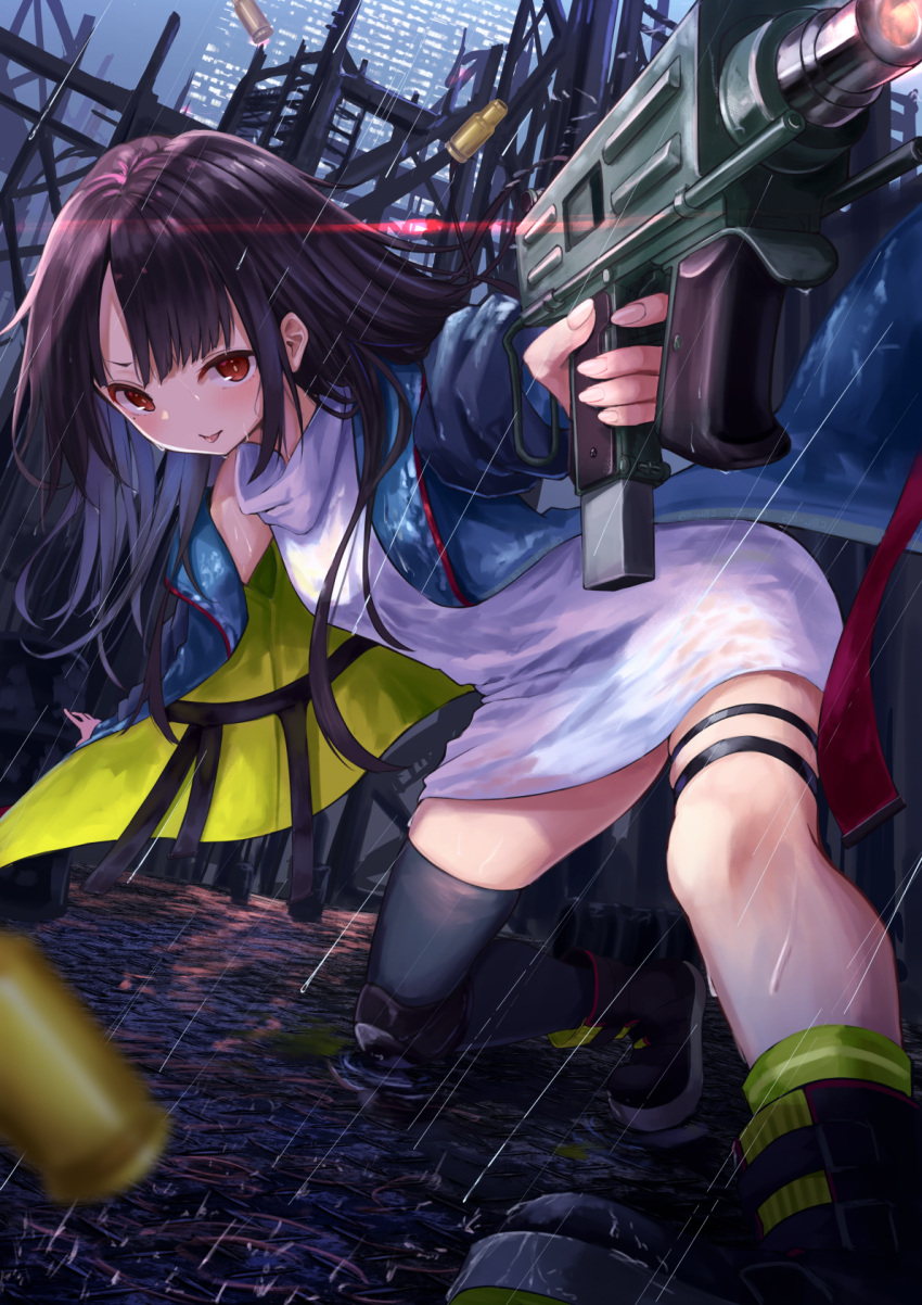 1girl black_hair black_legwear blue_jacket c-ms_(girls_frontline) city firing girls_frontline gun highres jacket knoy3356 long_hair one_knee rain red_eyes shell_casing single_knee_pad single_thighhigh skindentation solo thigh-highs tongue tongue_out weapon