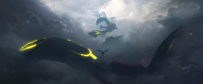 absurdres asteroid_ill claws clouds cloudy_sky dark_clouds flygon gen_3_pokemon glowing highres horns huge_filesize legendary_pokemon neon_trim pokemon pokemon_(creature) pokemon_(game) pokemon_rse pokemon_trainer rayquaza scenery size_difference sky sunlight wings