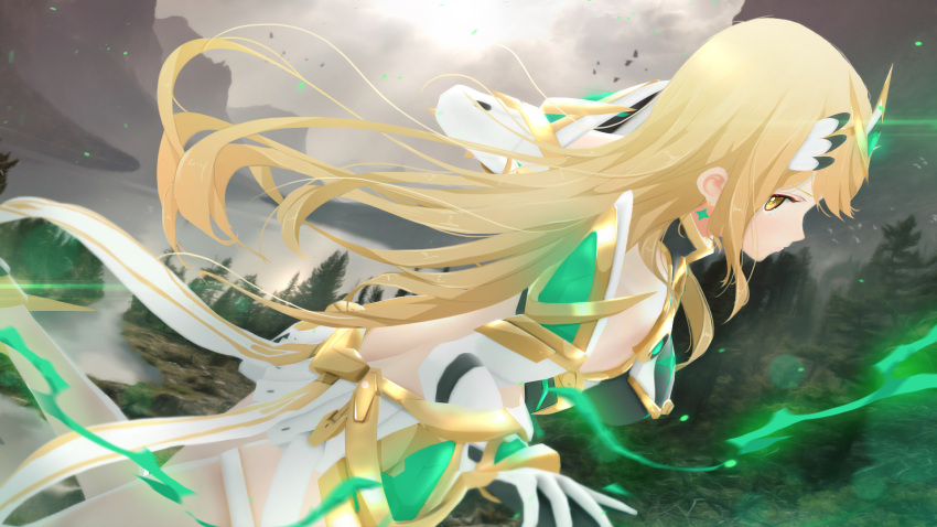 1girl 3d armor back bare_shoulders blonde_hair breasts dress elbow_gloves gloves highres mythra_(xenoblade) lake large_breasts long_hair mountain pose sculp2 shoulder_armor solo tree very_long_hair white_dress xenoblade_(series) xenoblade_2 yellow_eyes