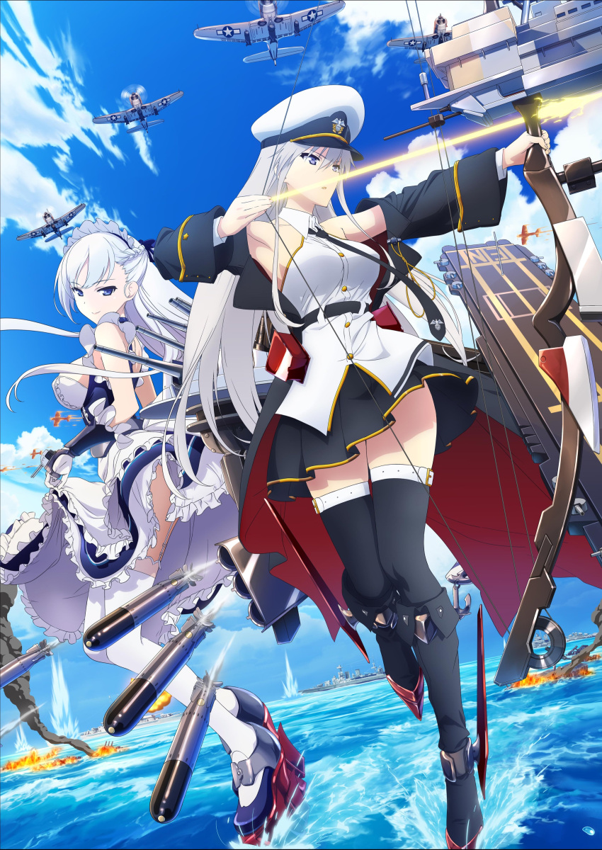 absurdres aircraft apron azur_lane belfast_(azur_lane) belt black_belt black_coat black_neckwear bow_(weapon) braid coat enterprise_(azur_lane) french_braid frilled_apron frills gloves hat highres maid maid_apron maid_headdress military military_hat military_vehicle open_clothes open_coat ship silver_hair skirt skirt_lift sleeveless torpedo warship watercraft weapon white_apron white_gloves