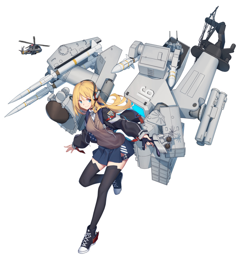 1girl absurdres aircraft arnold-s bangs black_footwear black_jacket black_legwear blonde_hair blue_eyes blue_skirt blush cannon closed_mouth commentary_request dress_shirt eyebrows_visible_through_hair full_body hair_between_eyes headphones headset helicopter highres holding jacket long_hair long_sleeves machinery missile open_clothes open_jacket original personification pleated_skirt puffy_long_sleeves puffy_sleeves shirt shoes simple_background skirt sleeves_past_wrists smile solo star star_print sweater_vest thigh-highs turret very_long_hair white_background white_shirt