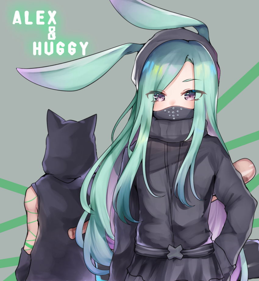 1boy 1girl animal_ears animal_hood bangs baseball_cap black_jacket cat_ears cat_hood copyright_request eyebrows_visible_through_hair face_mask facing_away fake_animal_ears furumiya_neko glowing green_hair grey_background hand_on_hip hat highres hood hood_up hooded_jacket jacket long_hair long_sleeves mask multicolored_hair purple_hair rabbit_ears sleeveless sleeveless_jacket swept_bangs two-tone_hair very_long_hair violet_eyes