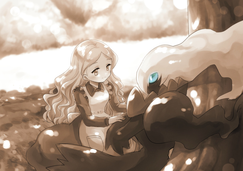 1girl alicia_(pokemon) apron blue_eyes blush breasts closed_mouth dappled_sunlight darkrai day dress eye_contact gen_4_pokemon grass hands_up happy highres legendary_pokemon light_blush long_hair long_sleeves looking_at_another monochrome outdoors pokemon pokemon_(anime) pokemon_(creature) pokemon_m10 sepia sitting small_breasts smile spot_color sunlight tree yuki56