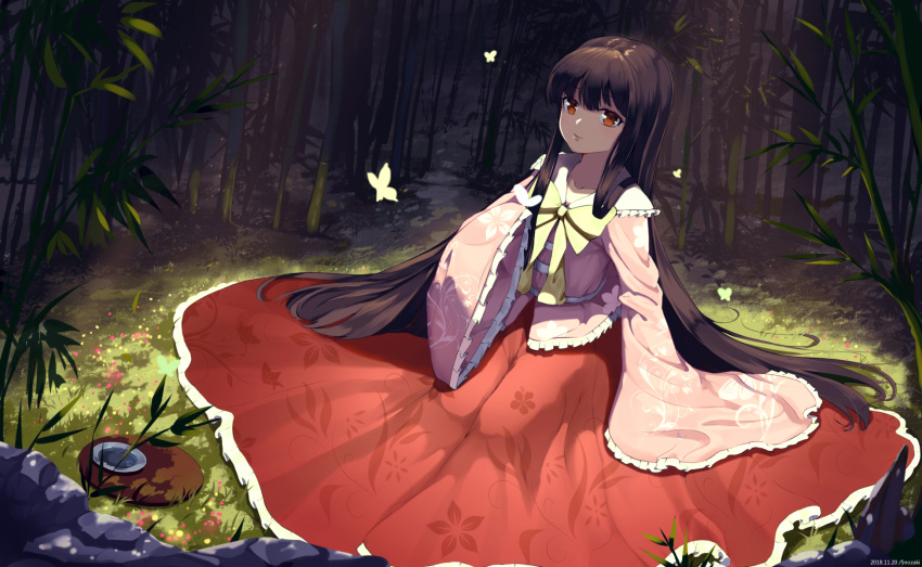 1girl animal artist_name bamboo bangs black_hair blunt_bangs bow bowtie brown_eyes bug butterfly butterfly_on_hand closed_mouth collarbone collared_shirt dated eyebrows_visible_through_hair frilled_shirt frilled_shirt_collar frilled_skirt frilled_sleeves frills highres hime_cut houraisan_kaguya insect light_particles long_hair long_skirt long_sleeves looking_at_viewer night outdoors pink_shirt red_skirt seiza shirt sidelocks sitting skirt sleeves_past_fingers sleeves_past_wrists smile snozaki solo touhou very_long_hair very_long_skirt wide_sleeves yellow_bow