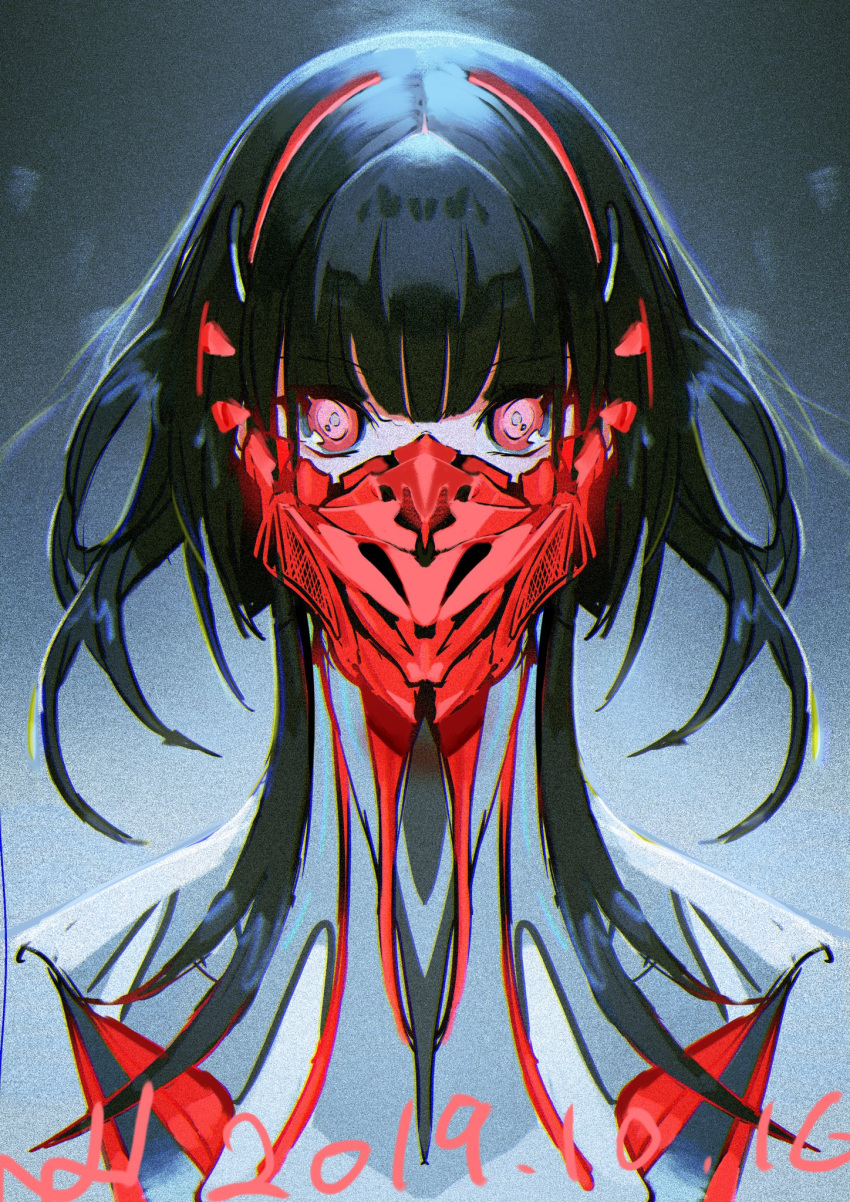 1girl black_hair bodysuit commentary_request dated face_mask hako_(mypixid) highres looking_at_viewer mask medium_hair original red_eyes science_fiction solo white_bodysuit