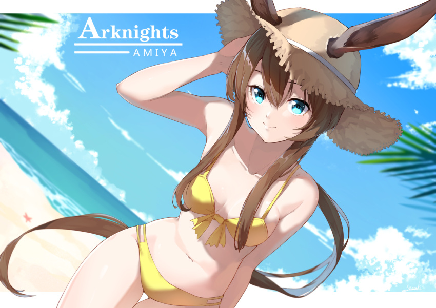 1girl amiya_(arknights) animal_ears arknights bare_arms bare_shoulders beach bikini blue_eyes blue_sky breasts brown_hair character_name closed_mouth clouds collarbone commentary_request copyright_name cowboy_shot day dutch_angle front-tie_bikini front-tie_top hair_between_eyes hand_on_own_head hat hip_focus horizon letterboxed long_hair looking_at_viewer navel ocean outdoors outside_border ponytail sidelocks signature sky small_breasts snozaki solo straw_hat swimsuit very_long_hair yellow_bikini