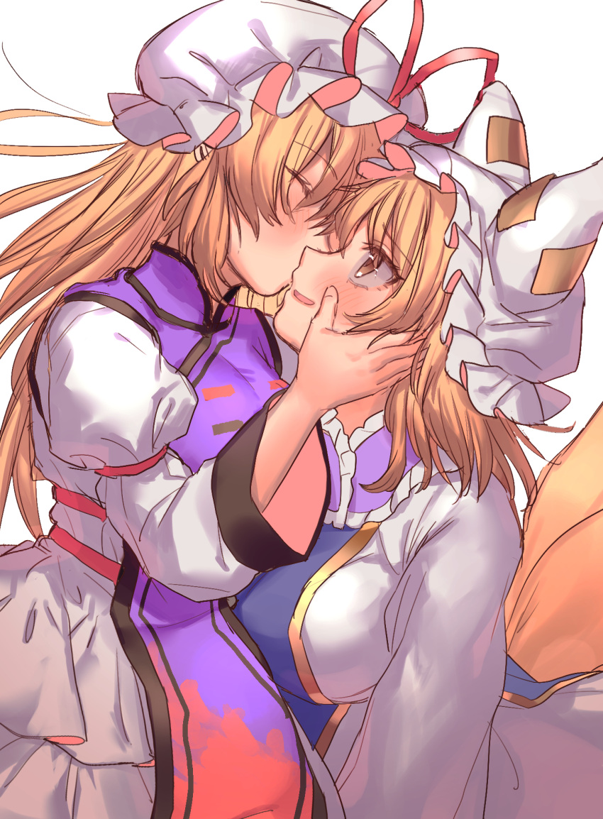 2girls ^_^ bangs blonde_hair blush breasts brown_eyes closed_eyes commentary_request cowboy_shot dress eyebrows_visible_through_hair fox_tail frilled_shirt_collar frills from_side hat hat_ribbon highres juliet_sleeves kiss large_breasts long_sleeves looking_up masanaga_(tsukasa) mob_cap multiple_girls multiple_tails open_mouth pillow_hat profile puffy_sleeves red_ribbon ribbon short_hair simple_background smile tabard tail touhou white_background white_dress white_headwear wide_sleeves yakumo_ran yakumo_yukari yuri