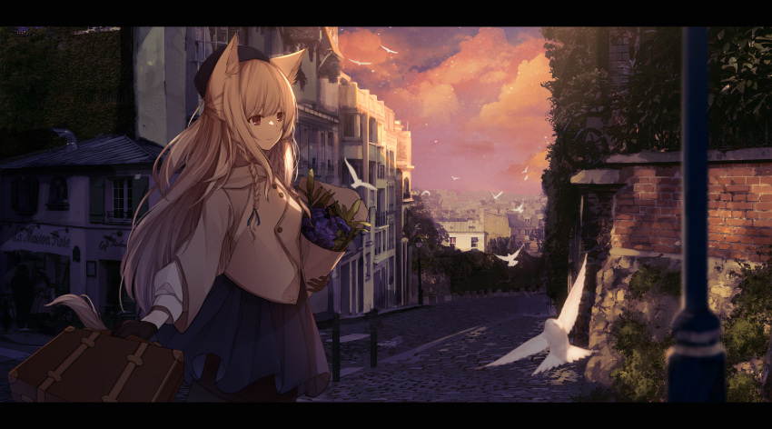 1girl absurdres animal_ears bird blonde_hair blue_dress braid brick_wall cityscape clouds cloudy_sky dress eyebrows_visible_through_hair fantasy flower gloves hat highres holding holding_flower house jacket lamppost letterboxed long_dress long_hair original outdoors plant purple_flower red_eyes sagiri_(ulpha220) scenery sky smile solo suitcase white_jacket window