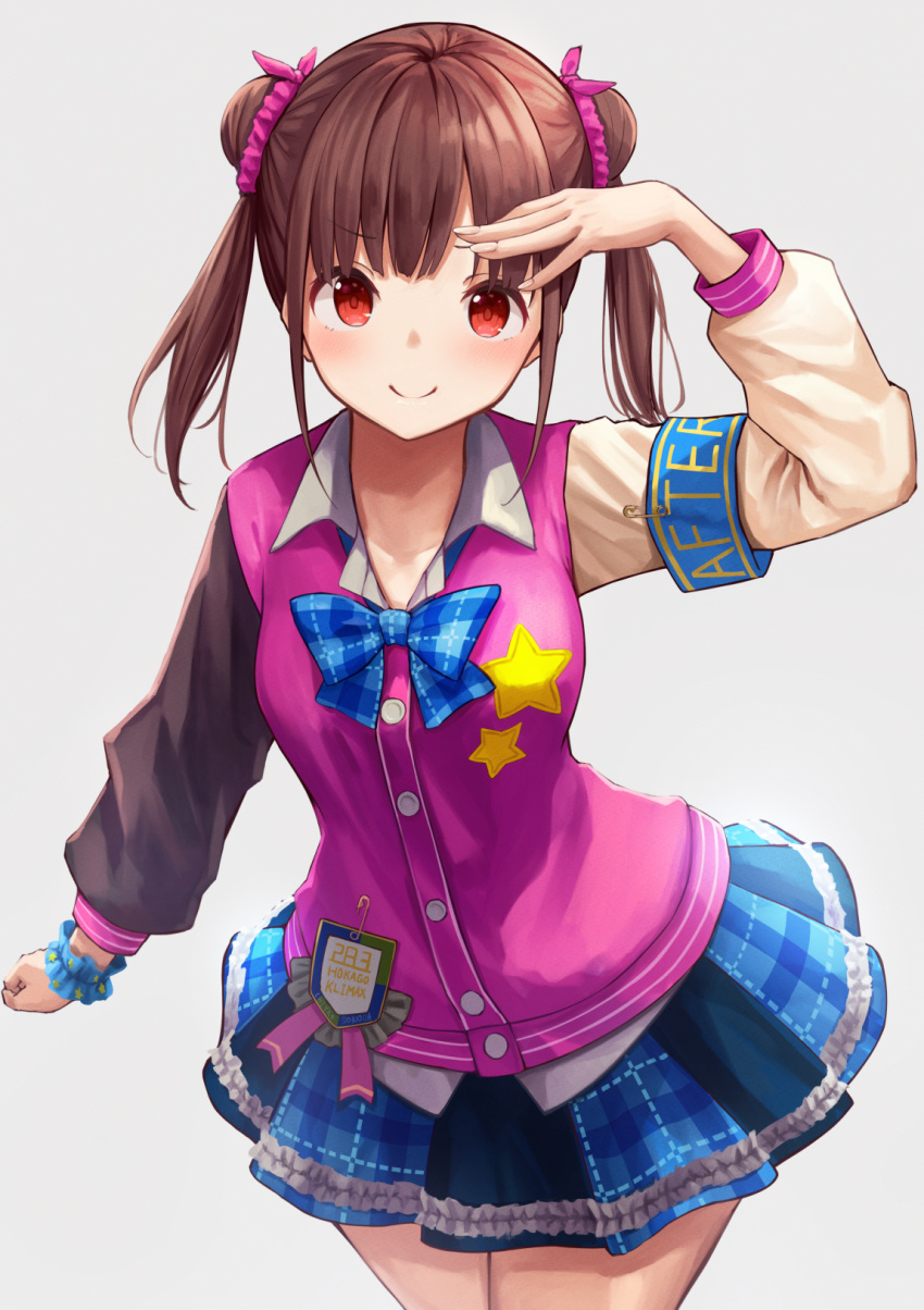 1girl armband blue_scrunchie blue_skirt bow bowtie brown_hair commentary_request cowboy_shot double_bun grey_background highres idolmaster idolmaster_shiny_colors knoy3356 long_sleeves mismatched_sleeves plaid plaid_skirt red_eyes safety_pin scrunchie simple_background skirt smile solo sonoda_chiyoko star star_print twintails wrist_scrunchie