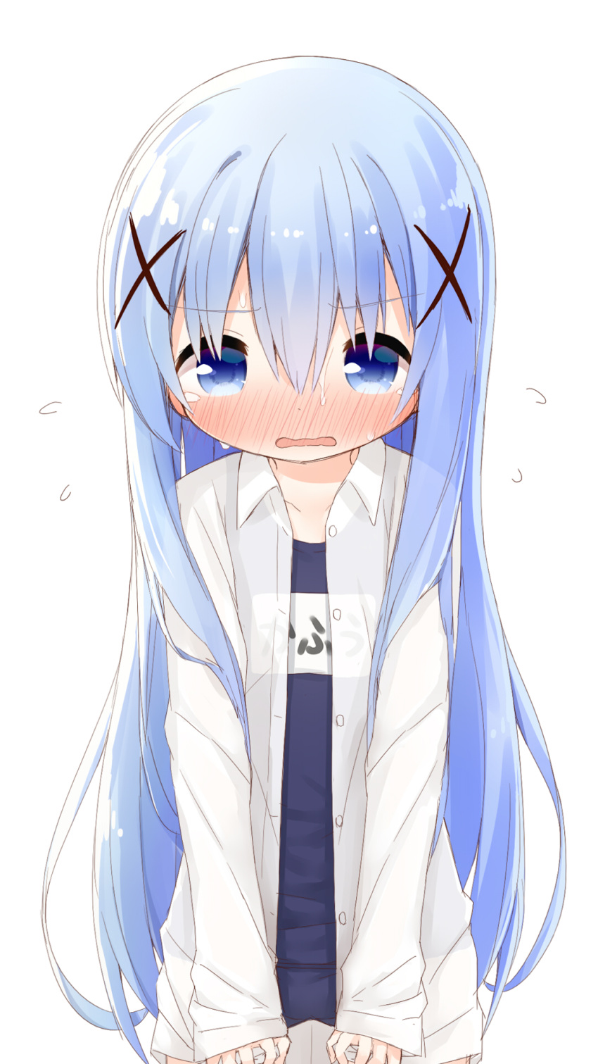1girl ayanepuna bangs blue_eyes blue_hair blue_swimsuit blush collarbone collared_shirt commentary_request dress_shirt eyebrows_visible_through_hair flying_sweatdrops gochuumon_wa_usagi_desu_ka? hair_between_eyes hair_ornament highres kafuu_chino long_hair long_sleeves looking_at_viewer name_tag nose_blush old_school_swimsuit one-piece_swimsuit open_clothes open_mouth open_shirt school_swimsuit see-through shirt simple_background sleeves_past_wrists solo sweat swimsuit very_long_hair wavy_mouth white_background white_shirt x_hair_ornament