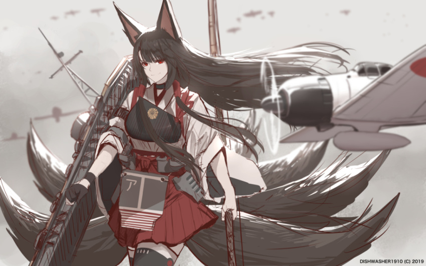 1girl 2019 akagi_(azur_lane) akagi_(kantai_collection) akagi_(kantai_collection)_(cosplay) animal_ears artist_name azur_lane black_gloves black_legwear bow_(weapon) breasts brown_hair closed_mouth cosplay dishwasher1910 eyebrows_visible_through_hair floating_hair fox_ears fox_tail gloves holding holding_bow_(weapon) holding_weapon japanese_clothes large_breasts long_hair long_sleeves looking_at_viewer multiple_tails muneate red_eyes single_glove smile solo tail thigh-highs weapon wide_sleeves