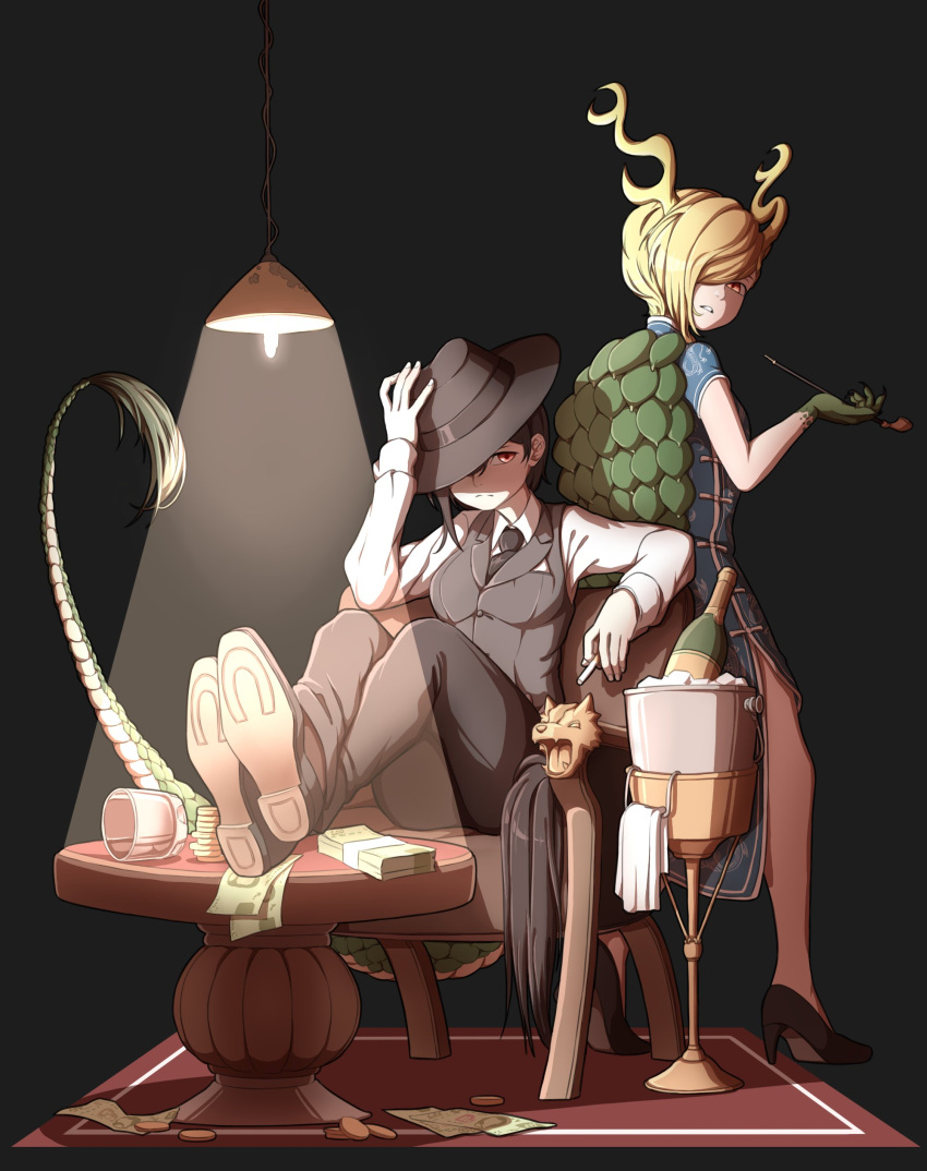 2girls absurdres alcohol armrest black_background black_hair blonde_hair bottle breasts carpet chair china_dress chinese_clothes coin collar dragon_girl dragon_horns dragon_tail dress fedora formal frown glass hair_over_one_eye hat hat_over_one_eye hat_tip high_heels highres horns horse_tail ice ice_bucket ice_cube kicchou_yachie kiseru kurokoma_saki lamp legs_on_table legs_up long_sleeves medium_breasts mefomefo money multiple_girls necktie pantyhose pipe puffy_long_sleeves puffy_sleeves red_eyes scales shell sleeveless sleeveless_dress suit table tail teeth touhou wine_bottle