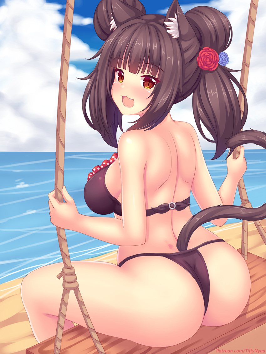 1girl animal_ears ass bangs beach bikini black_bikini black_hair blush breasts cat_ears cat_tail chocola_(sayori) day double_bun english_commentary eyebrows_visible_through_hair fang fast-runner-2024 flower from_behind hair_flower hair_ornament hair_up highres looking_at_viewer looking_back medium_breasts medium_hair nekopara open_mouth outdoors red_eyes sitting slit_pupils solo swimsuit swing tail water