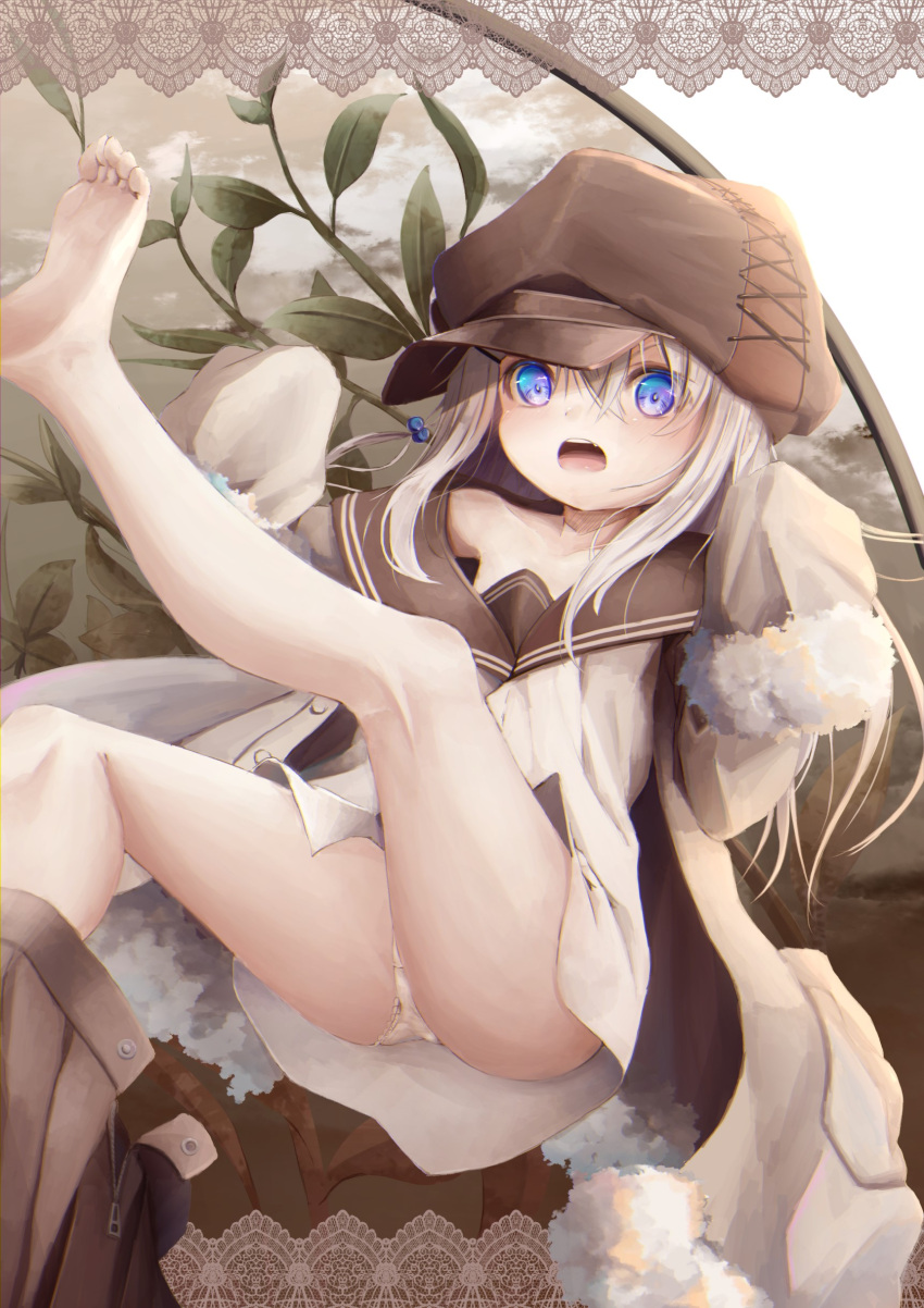 1girl absurdres ass bangs bare_legs barefoot blue_eyes blush brown_headwear brown_sailor_collar brown_skirt cabbie_hat collarbone commentary_request fang fur-trimmed_sleeves fur_trim grey_hair hair_between_eyes hat highres jacket leg_up long_hair long_sleeves looking_at_viewer open_clothes open_jacket open_mouth open_skirt original panties pleated_skirt sailor_collar shirt skirt skirt_around_one_leg sleeves_past_fingers sleeves_past_wrists soles solo underwear upper_teeth utatanecocoa white_jacket white_panties white_shirt