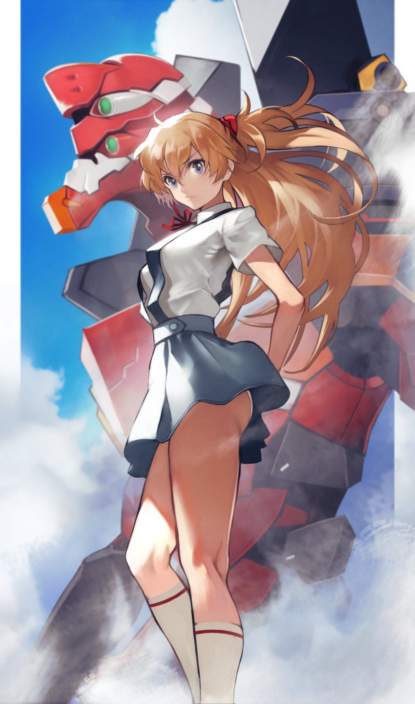 1girl 55level arms_behind_back ass bangs blue_eyes breasts clouds cloudy_sky commentary day english_commentary feet_out_of_frame floating_hair from_side frown hair_ornament highres kneehighs legs long_legs looking_at_viewer neon_genesis_evangelion no_panties orange_hair outdoors school_uniform shirt short_sleeves skinny skirt sky socks solo souryuu_asuka_langley standing tagme white_legwear white_shirt wind