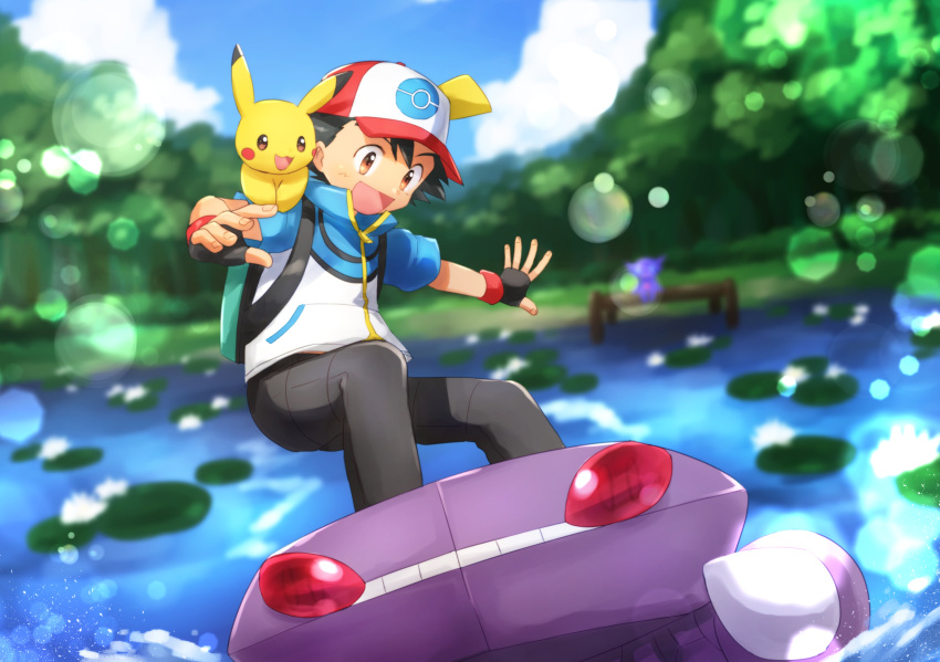 1boy :3 arms_up backpack bag bangs baseball_cap black_gloves black_hair black_pants blue_shirt blue_sky blurry blurry_background blush blush_stickers brown_eyes clouds day dutch_angle fingerless_gloves gen_1_pokemon gen_3_pokemon gen_5_pokemon genesect gloves grass happy hat highres legendary_pokemon light_blush lily_pad looking_down male_focus open_mouth outdoors outstretched_arm pants pier pikachu poke_ball_symbol poke_ball_theme pokemon pokemon_(anime) pokemon_(creature) pokemon_m16 red_eyes red_headwear riding sableye satoshi_(pokemon) shirt short_hair short_sleeves sky smile surfing teeth tree water yuki56 zipper_pull_tab