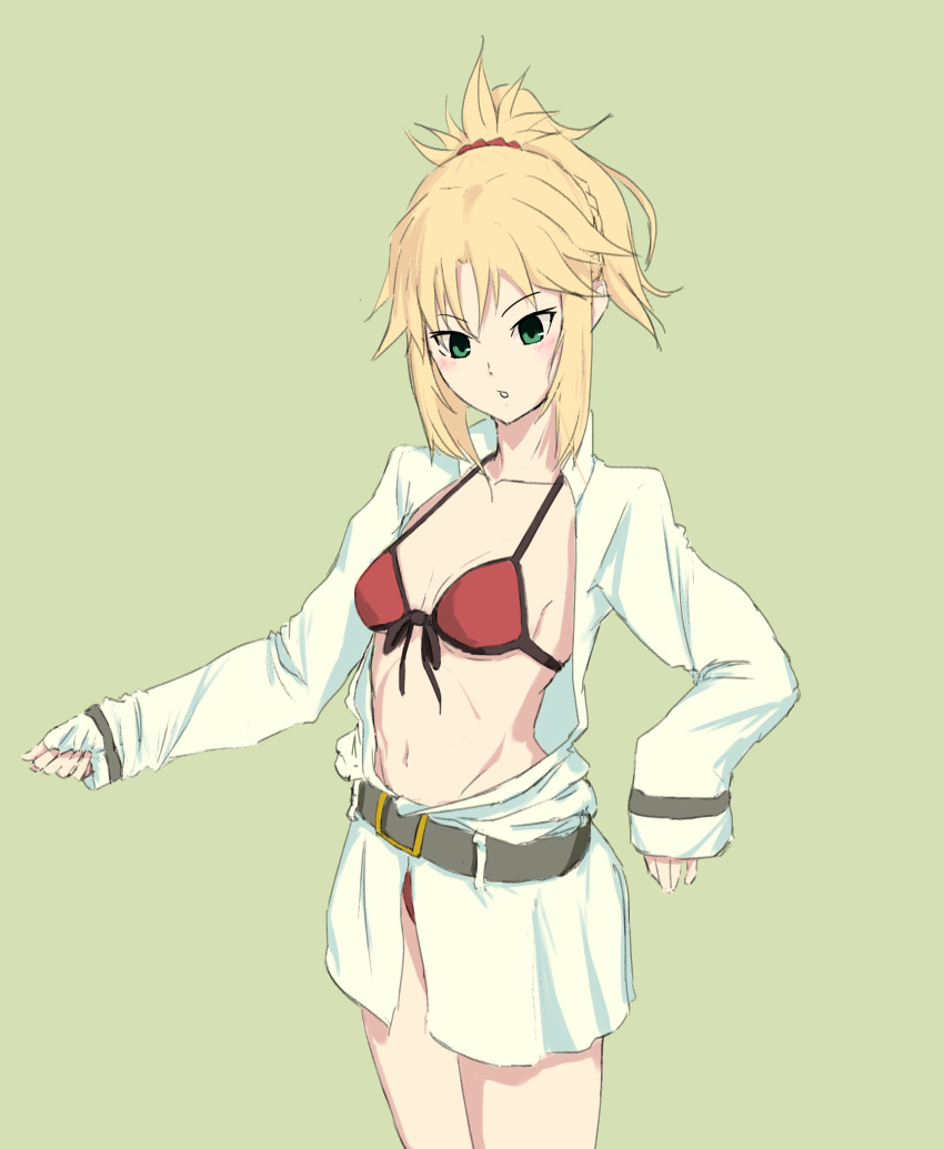 1girl :o alternate_costume blonde_hair blush braid breasts fate/grand_order fate_(series) french_braid green_background green_eyes groin highres mordred_(fate) mordred_(fate)_(all) mordred_(swimsuit_rider)_(fate) navel oishii2929 ponytail sleeves_past_wrists small_breasts solo
