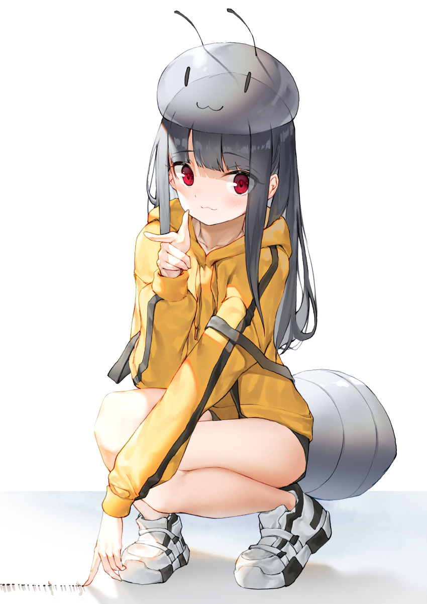 1girl :3 animal ant ant_girl antennae bangs black_shorts blush bug closed_mouth commentary drawstring eyebrows_visible_through_hair finger_gun grey_hair hat highres hood hood_down hoodie insect lee_seok_ho long_hair looking_at_viewer original personification red_eyes shoes short_shorts shorts solo squatting transparent very_long_hair white_footwear yellow_hoodie