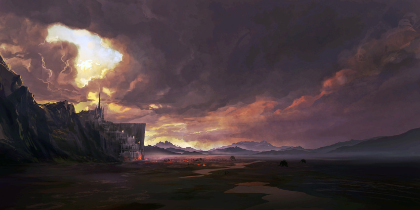 battlefield castle clouds cloudy_sky elephant fire highres horizon landscape lord_of_the_rings mountain no_humans orange_sky outdoors philipp_urlich scenery sky sunlight sunset