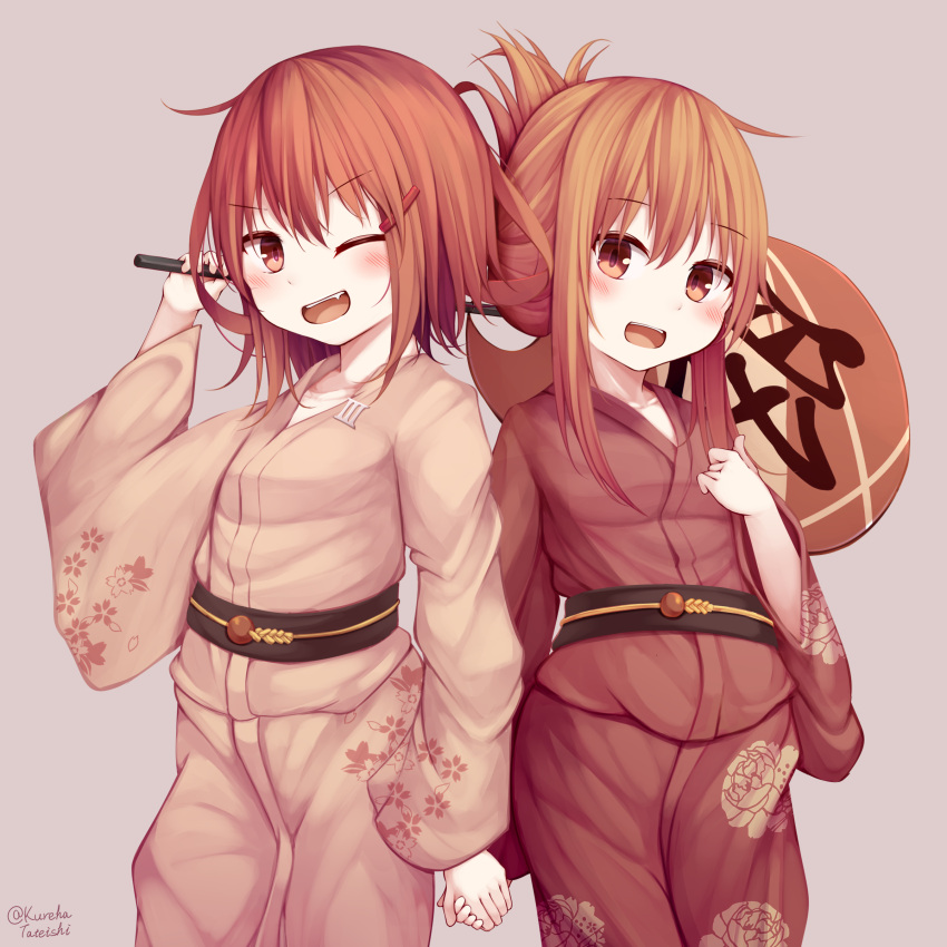 2girls absurdres alternate_costume blush breasts brown_eyes brown_hair eyebrows_visible_through_hair fan grey_background hair_between_eyes hair_ornament hairclip hamayuu_(litore) highres holding_hands ikazuchi_(kantai_collection) inazuma_(kantai_collection) japanese_clothes kantai_collection kimono long_hair multiple_girls one_eye_closed open_mouth paper_fan short_hair small_breasts smile yukata