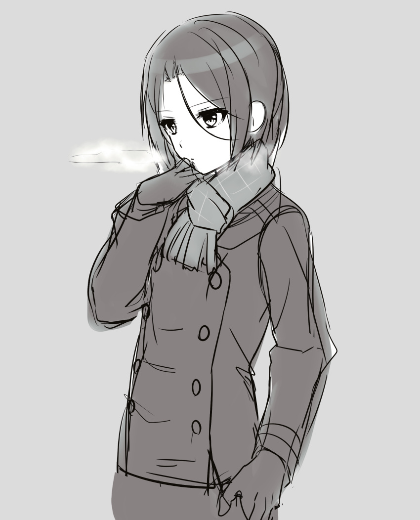 1girl absurdres bangs breath closed_mouth coat eyebrows_visible_through_hair fringe_trim gloves greyscale hair_between_eyes hand_on_hip hand_up highres ichiren_namiro long_sleeves looking_away monochrome parted_bangs princess_connect! princess_connect!_re:dive scarf shirogane_jun sketch solo