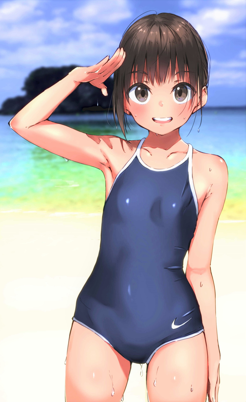 1girl :d absurdres amego arm_up bangs beach blue_sky blue_swimsuit blurry blush breasts brown_eyes brown_hair clouds collarbone competition_school_swimsuit cowboy_shot day depth_of_field dripping highres horizon looking_at_viewer ocean one-piece_swimsuit open_mouth original outdoors salute school_swimsuit shiny shiny_clothes shiny_skin short_hair sky small_breasts smile solo standing swimsuit wet wet_hair