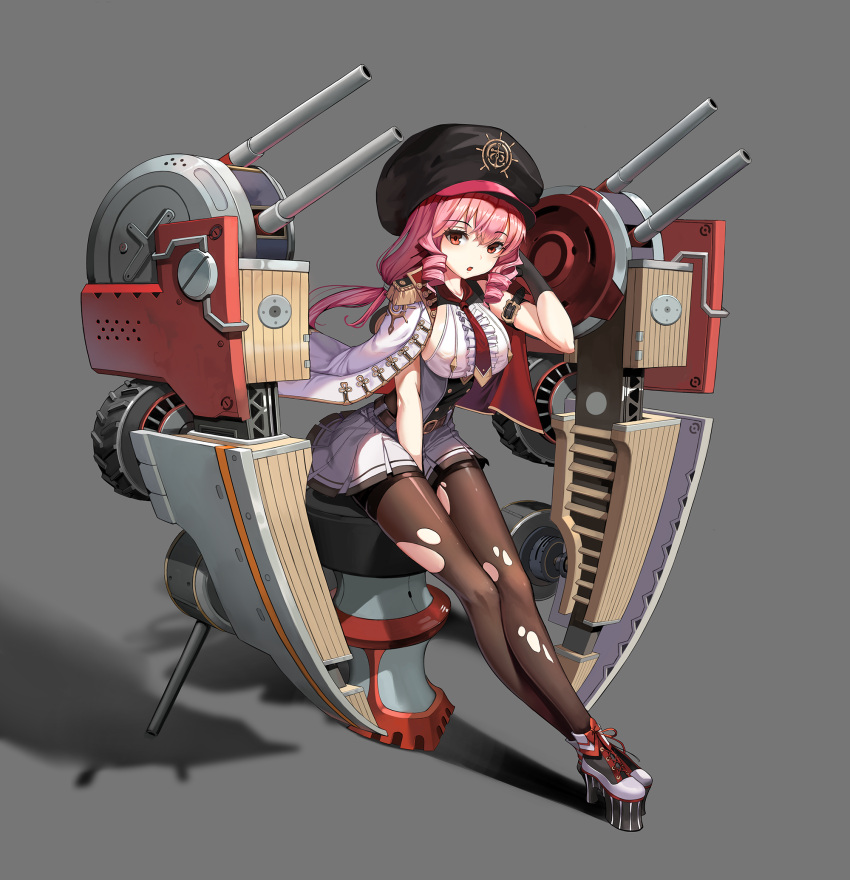 1girl arm_belt azur_lane bare_arms belt between_legs black_gloves black_headwear breasts brown_legwear commentary drill_hair elbow_gloves epaulettes gloves grey_background hand_up hat highres jacket_on_shoulders large_breasts long_hair looking_at_viewer m_chant machinery military military_uniform miniskirt necktie original pantyhose parted_lips peaked_cap pink_hair platform_footwear pleated_skirt red_eyes red_neckwear rigging shadow shirt shoes short_necktie simple_background sitting skirt sleeveless sleeveless_shirt solo torn_clothes torn_legwear turret twin_drills uniform white_coat white_shirt white_skirt