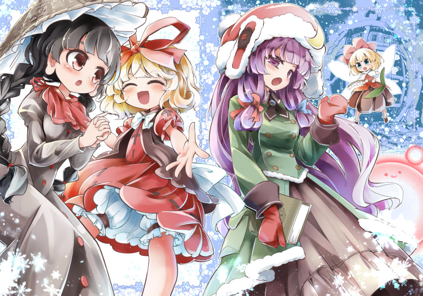 3girls :3 ajirogasa alternate_costume alternate_headwear black_hair blonde_hair bow braided_ponytail closed_eyes crescent doll fairy_wings fifiruu frills hat medicine_melancholy mittens multiple_girls palms_together patchouli_knowledge purple_hair red_bow red_ribbon ribbon snowflakes su-san touhou violet_eyes wings yatadera_narumi