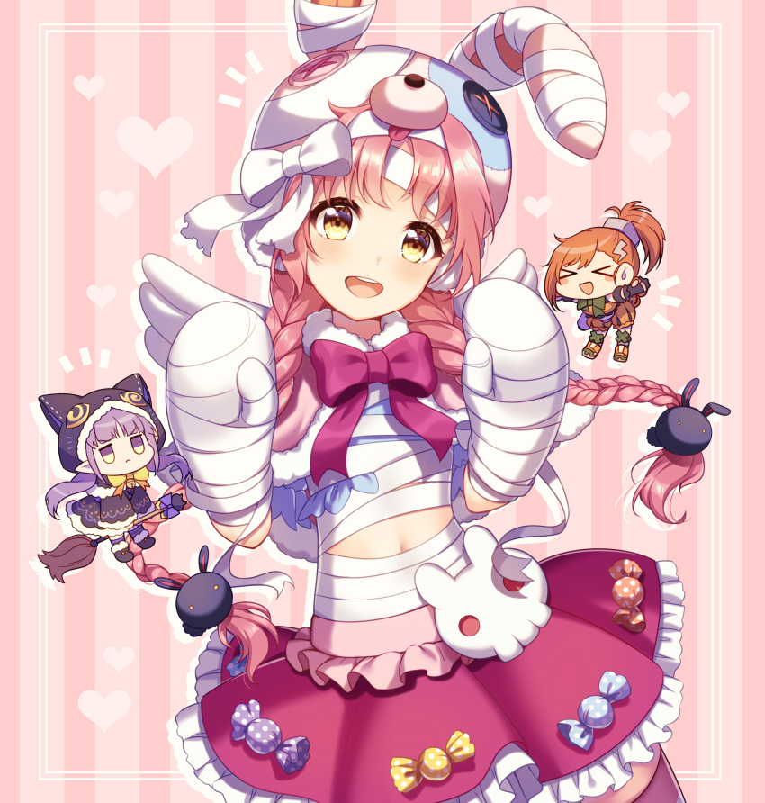 &gt;_&lt; 3girls :d absurdres akane_mimi animal_ears animal_hat animal_hood bandaged_arm bandaged_hands bandages bangs bell black_capelet black_footwear black_gloves black_skirt blush_stickers bow braid brown_eyes brown_hair bunny_hair_ornament bunny_hat candy_wrapper capelet cat_ears cat_hood chibi closed_eyes earmuffs eyebrows_visible_through_hair fake_animal_ears frilled_skirt frills fur-trimmed_boots fur-trimmed_capelet fur-trimmed_hood fur-trimmed_skirt fur-trimmed_sleeves fur_trim gloves hair_ornament hat heart highres hikawa_kyoka hodaka_misogi holding hood hood_up hooded_capelet ichiren_namiro jingle_bell lightning_bolt lightning_bolt_hair_ornament long_hair long_sleeves low_twintails multiple_girls navel open_mouth orange_shorts pink_background pink_hair pleated_skirt polka_dot princess_connect! princess_connect!_re:dive puffy_shorts rabbit_ears red_skirt round_teeth short_shorts shorts skirt smile striped striped_background striped_legwear teeth thigh-highs twin_braids twintails upper_teeth v-shaped_eyebrows vertical-striped_background vertical_stripes very_long_hair white_bow wide_sleeves xd yellow_bow
