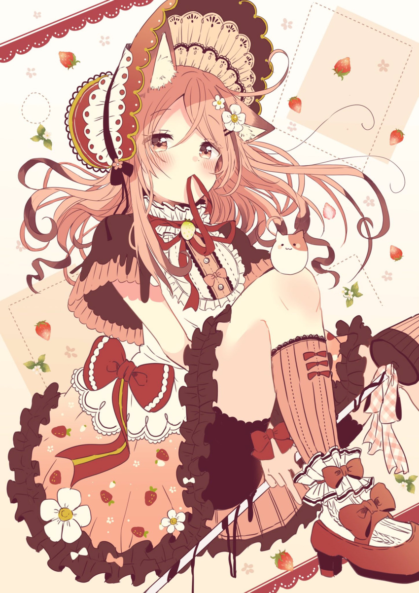 1girl animal animal_ear_fluff animal_ears bangs between_legs blush bonnet bow brown_eyes cat cat_ears closed_mouth commentary_request eyebrows_visible_through_hair flower food food_print food_themed_clothes frilled_shirt_collar frilled_skirt frills fruit hair_between_eyes hair_flower hair_ornament hand_between_legs highres holding long_hair mouth_hold original pink_hair pink_legwear pink_skirt print_skirt red_bow red_footwear red_headwear red_ribbon ribbon ribbon_in_mouth sakura_oriko shirt shoes sitting skirt socks solo strawberry strawberry_print striped striped_legwear vertical-striped_legwear vertical_stripes white_flower white_shirt